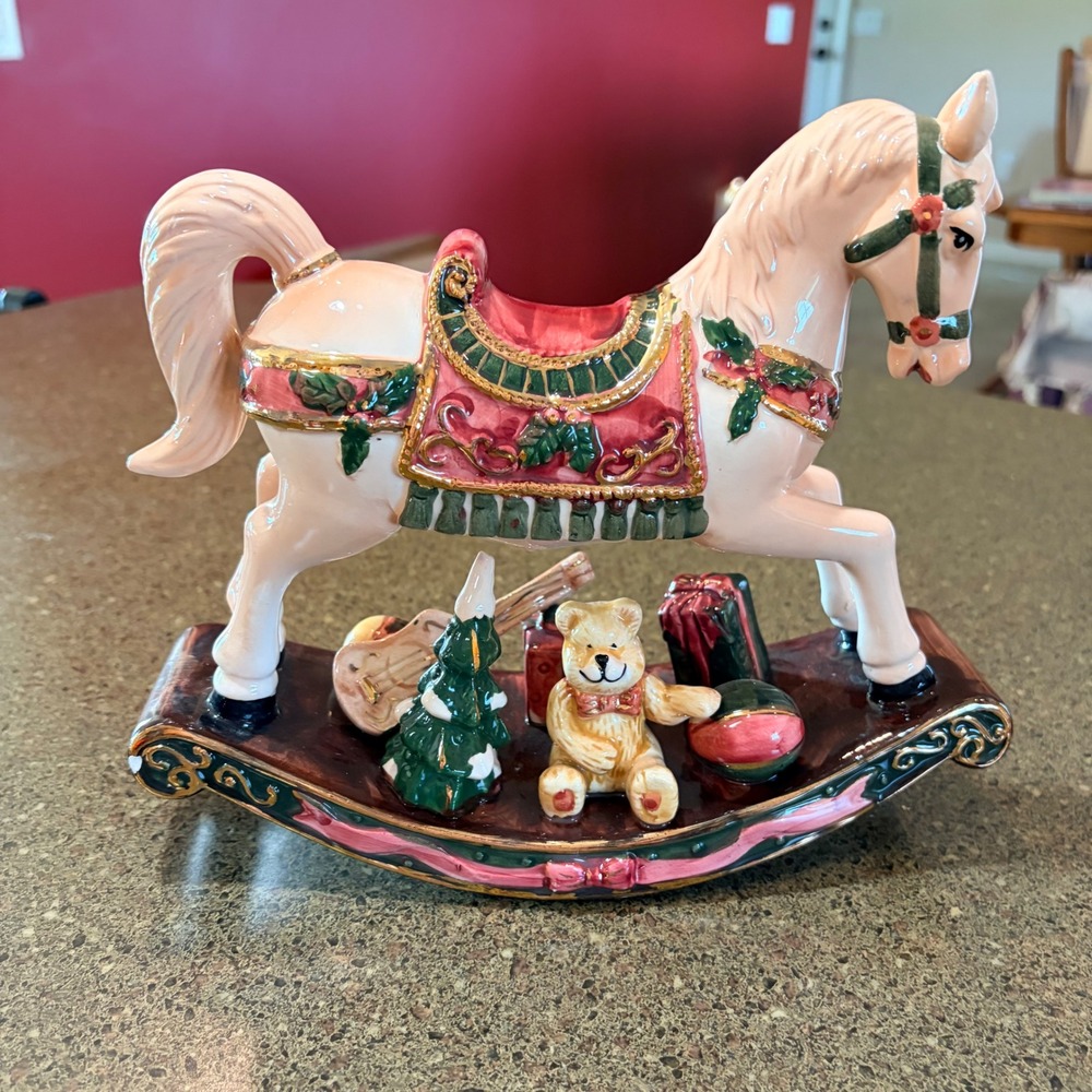 Christmas Rocking Horse Ceramic Figurine Teddy Bear Gifts Gold Accents